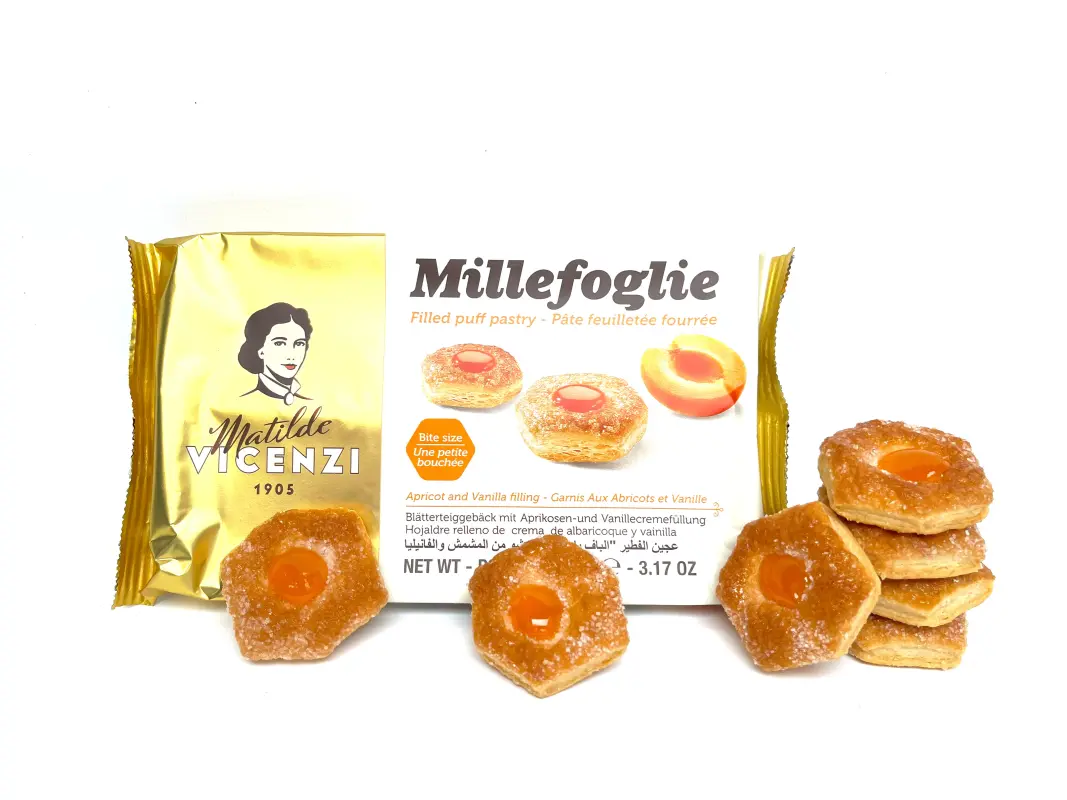 Millefoglie Bocconcini | Blätterteiggebäck mit Aprikosen und Vanillecreme-Füllung | Matilde Vicenzi | 90 g