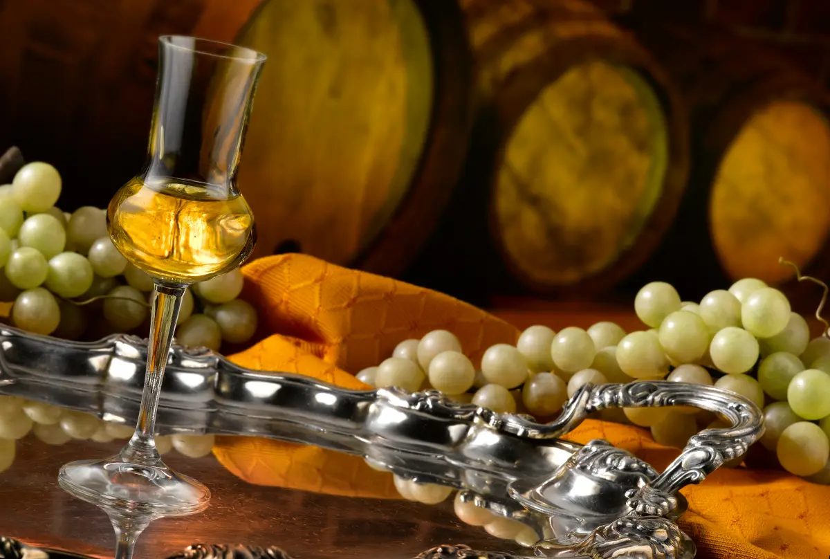 grappa_glas_silbertablett_trauben_holztisch